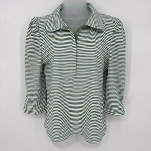 BURU Sz L Green/Blue Striped Collared Puff Sleeve Shirt Blouse Coastal Preppy